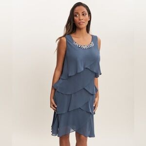 NWT S.L. NY Fashions Embellished Slate Blue Halter Dress - Size 12